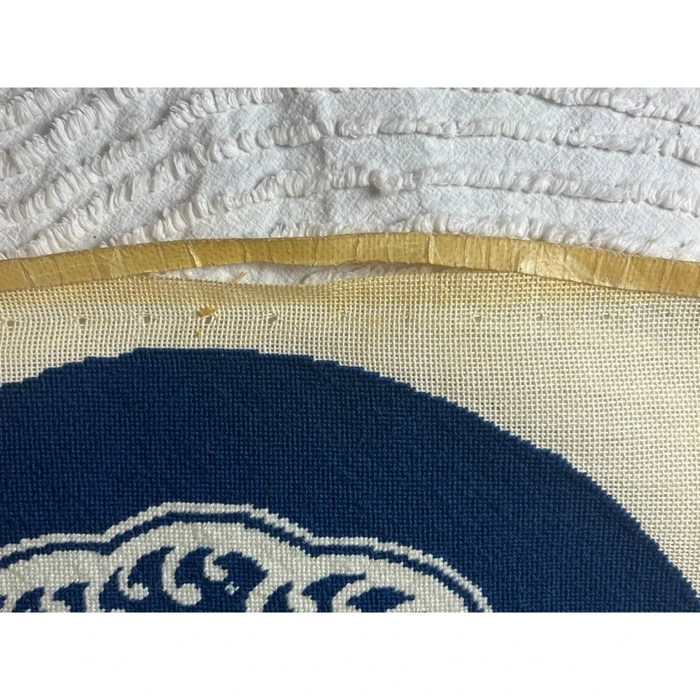 Vintage Hand Stitched Needlepoint Canvas Blue White Koi Fish Medallion